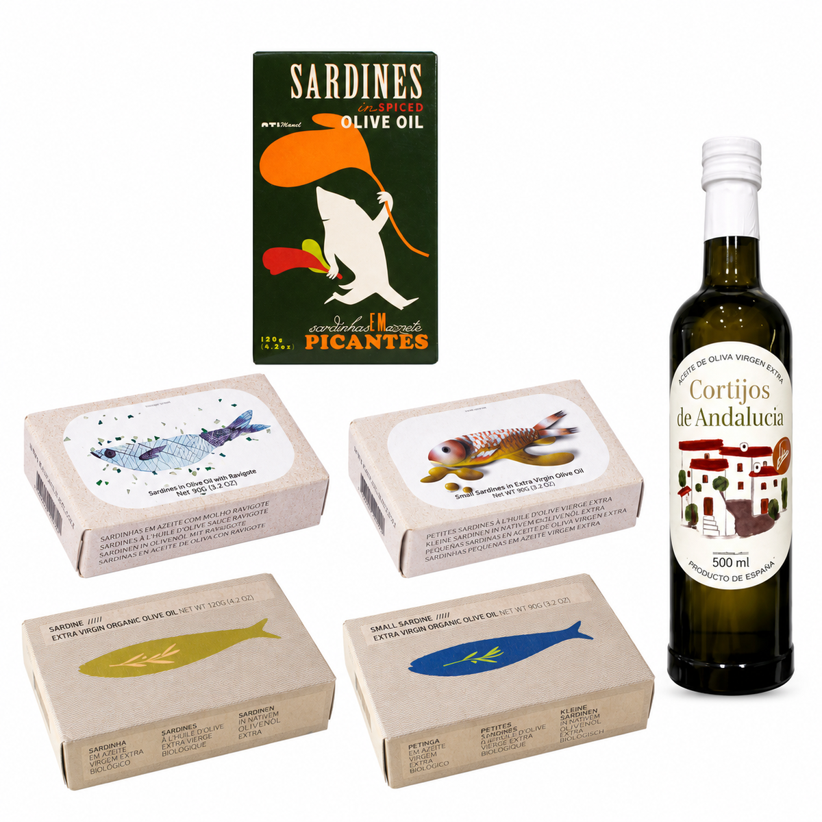 Penkių portugališkų sardinių rinkinys su dovanų pridedamu 500 ml „Oleicola“ ypač tyru alyvuogių aliejumi