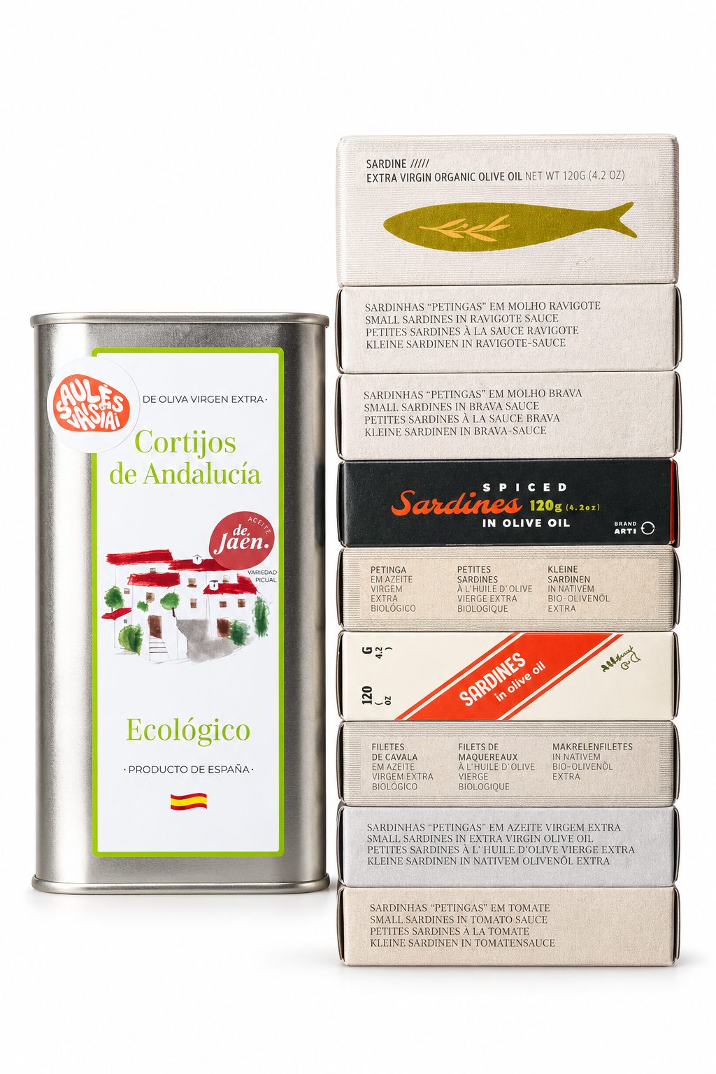 9 portugališkų sardinių ir skumbrės rinkinys su 1 l Oleicola Organic alyvuogių aliejumi dovanų